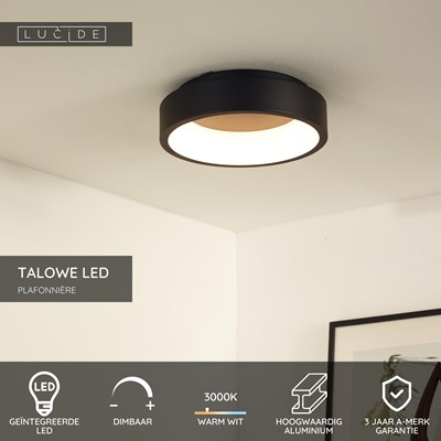 Lucide TALOWE LED - Plafonnière - Ø 30 cm - LED Dimb. - 1x20W 3000K - Zwart